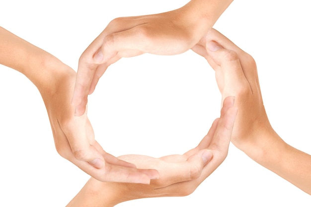 Team work concept Circle of hands isolated on a white background Closeup