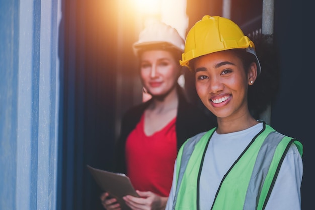 Team worker American women Work in an international shipping yard area Export and import delivery service with containers