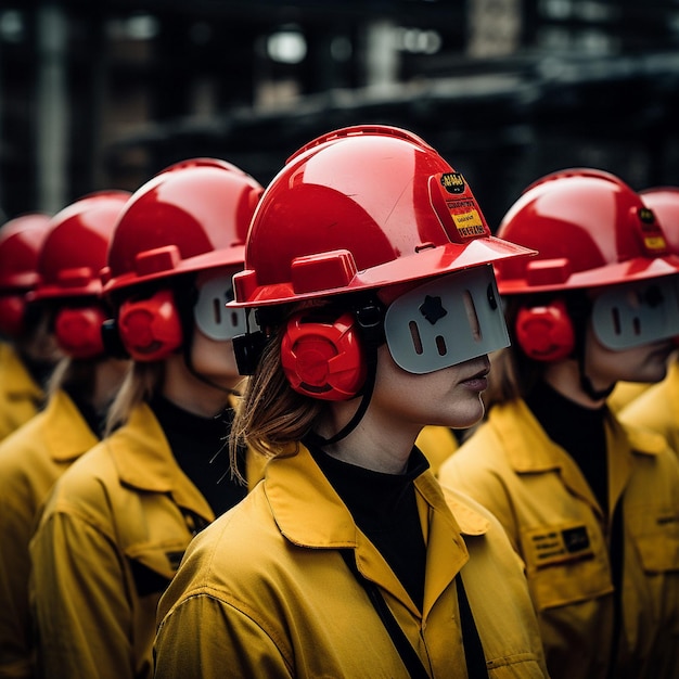 Team of workers in an industrial wearing red uniforms and yellow helmets ai generated