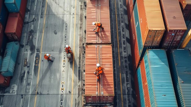 A team of workers is carefully loading and securing containers onto a flatbed truck ensuring maximum