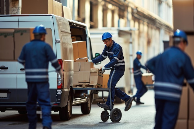 Un team di lavoratori utilizza un furgone per la consegna con caricamento su camion manuale con scatole di cartone