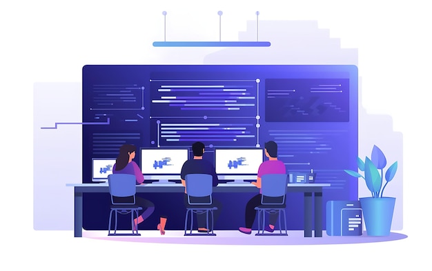 Team Writes code Programming For App Or Website flat design