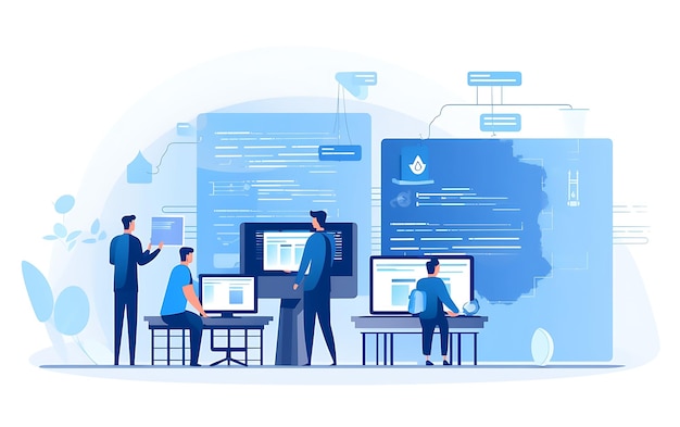 Team Writes code Programming For App Or Website flat design