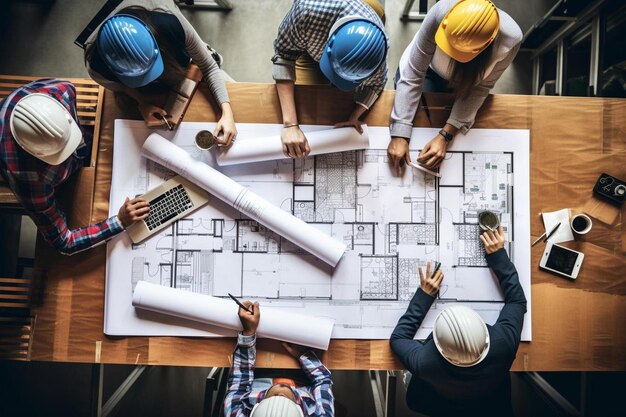 Photo team of young man and woman engineer and architects working meeting