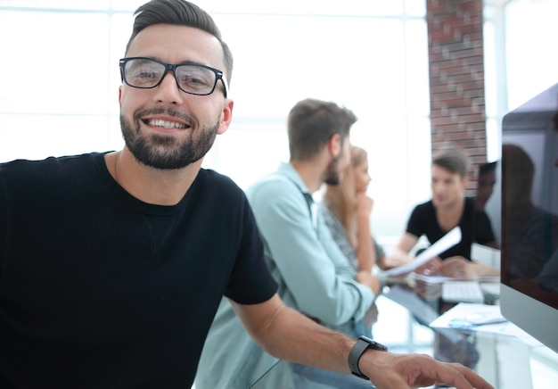 Team young professionals having casual discussion in office