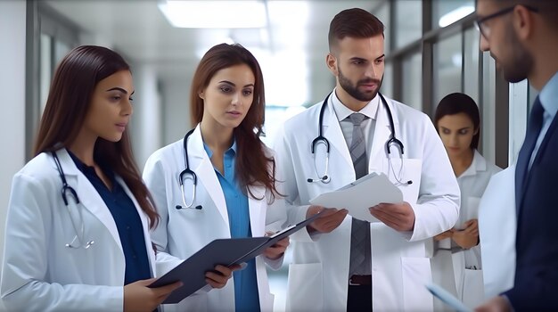 Team of young specialist doctors reviewing documents in the corridor of the hospital