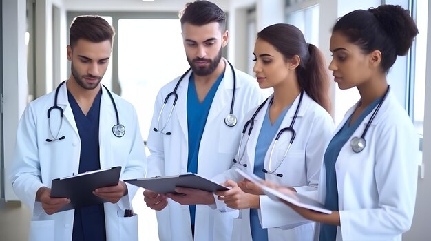 Team of young specialist doctors reviewing documents in the corridor of the hospital