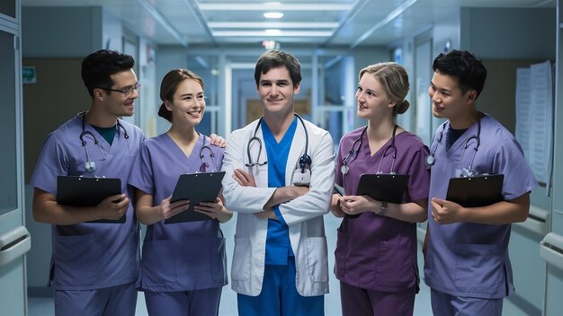 Team of young specialist doctors standing in the corridor of the hospital