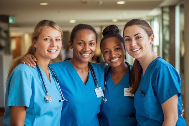 Photo team of young specialist doctors standing in the corridor of the hospital