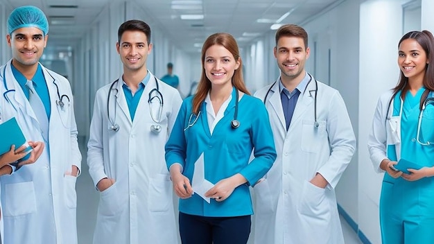 Team of young specialist doctors standing in the corridor of the hospital