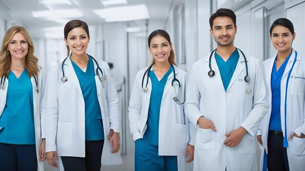 Team of young specialist doctors standing in the corridor of the hospital