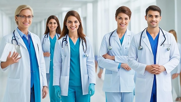 Team of young specialist doctors standing in the corridor of the hospital