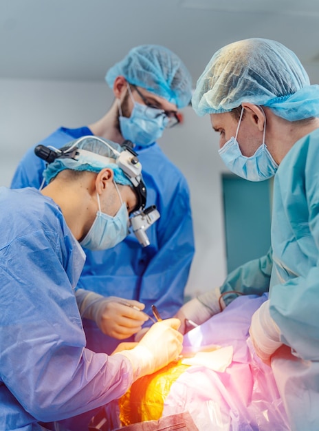 Teamchirurg aan het werk in operatiekamer Moderne apparatuur in operatiekamer Medische hulpmiddelen voor neurochirurgie