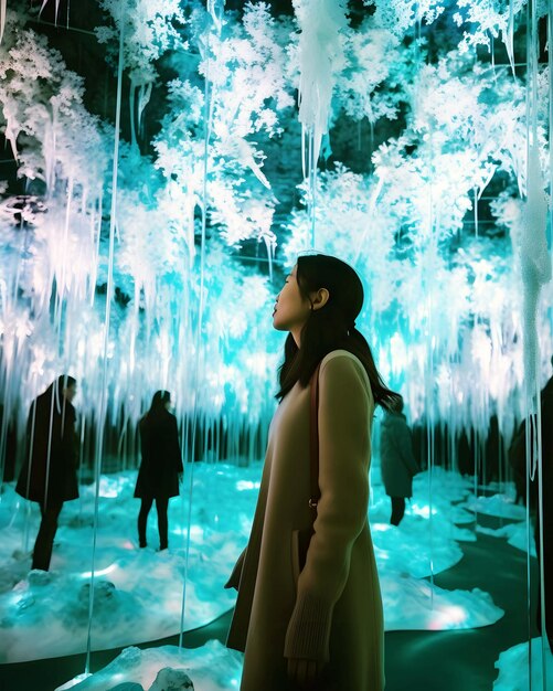 Foto teamlab invernale senza frontiere e neve e ghiaccioli esposizione