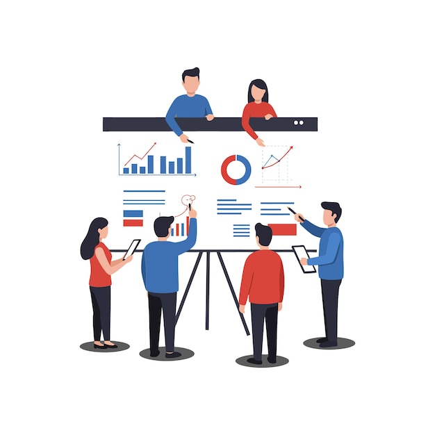 Teamleden die samenwerken aan gegevensanalyse in een platte vectorkunstillustratie