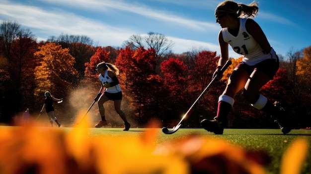 Teams strijden in veldhockey te midden van het herfstlandschap