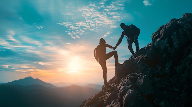 Teamwerk en vastberadenheid in bergbeklimmen avontuurlijke geest helpen hand op top motiverende buitenactiviteiten silhouetten bij zonsondergang AI