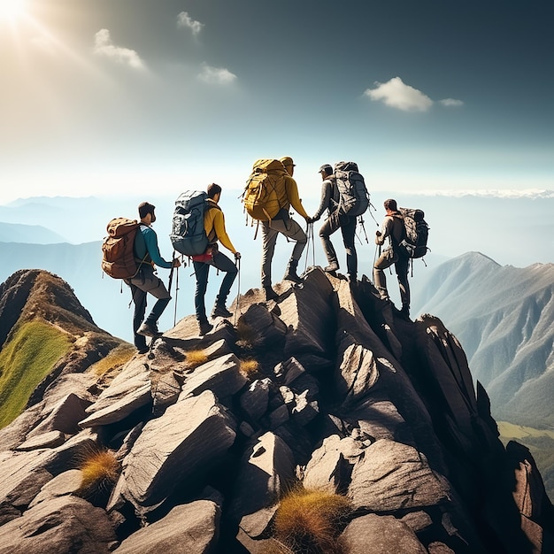 Foto teamwerk en zakelijk succes op de bergbeklimming