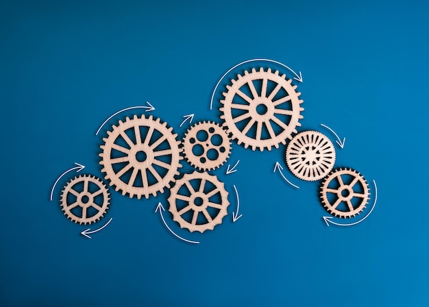 Teamwerk samenwerking bedrijfswerkstroom systeem strategie en managementconcept Veel patroon van houten tandwielen en tandwielen werkproces met vloeiende pijlen geïsoleerd op blauwe achtergrond minimalistisch