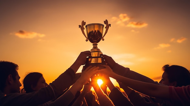 Foto teamwerk sporten en handen van mensen met trofee voor winnaar prestatie en kampioen succes ondersteuning van de gemeenschap en diversiteit met vrouwen en prijs voor training inzet en samenwerking