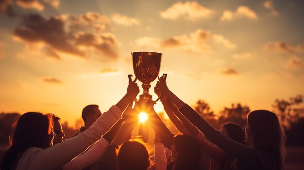 Teamwerk sporten en handen van mensen met trofee voor winnaar prestatie en kampioen succes Ondersteuning van de gemeenschap en diversiteit met vrouwen en prijs voor training inzet en samenwerking