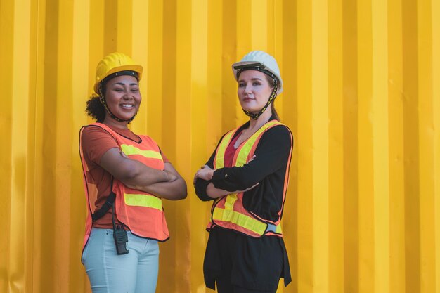 Teamwerker amerikaanse vrouwen werken in een internationaal scheepswerfgebied export en import bezorgservice met containers