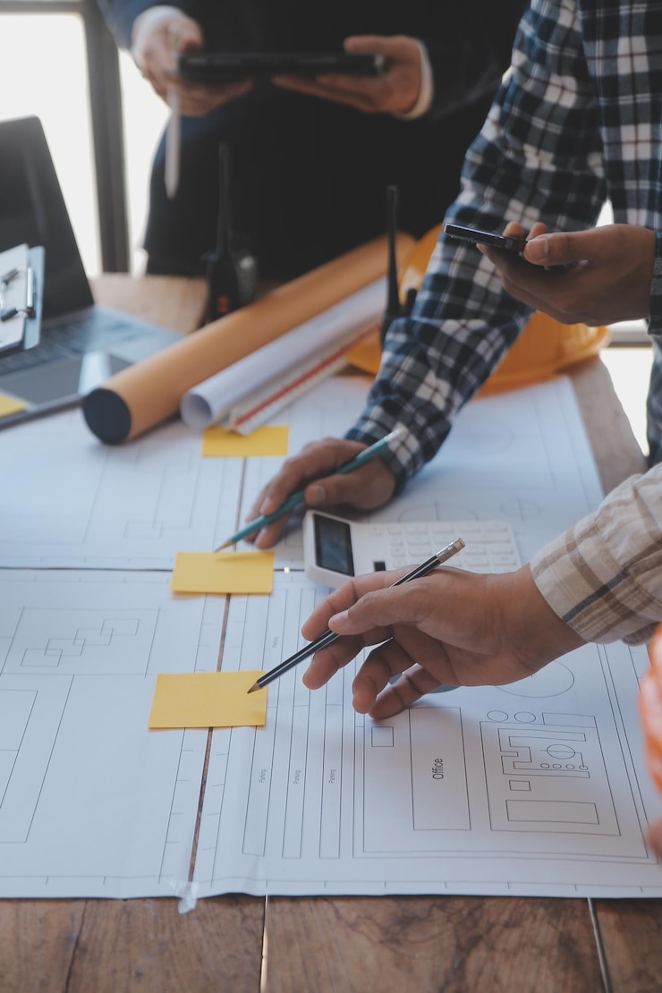 Foto teamwerkvergadering voor ingenieurs tekeningen werken aan blauwdrukvergadering voor projectwerk met partner aan modelbouw en technische hulpmiddelen op de werkplaats bouw- en structuurconcept