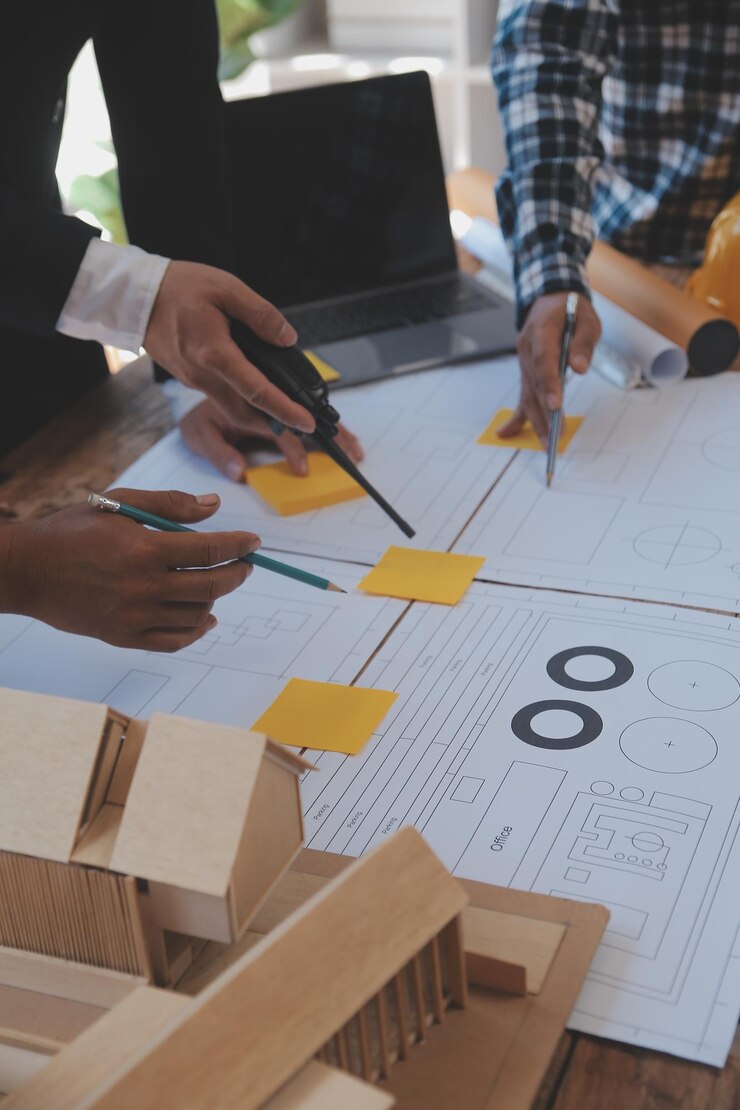 Foto teamwerkvergadering voor ingenieurs tekeningen werken aan blauwdrukvergadering voor projectwerk met partner aan modelbouw en technische hulpmiddelen op de werkplaats bouw- en structuurconcept