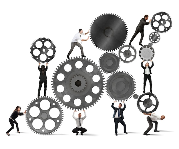 Photo teamwork of businesspeople work together to a system of gears