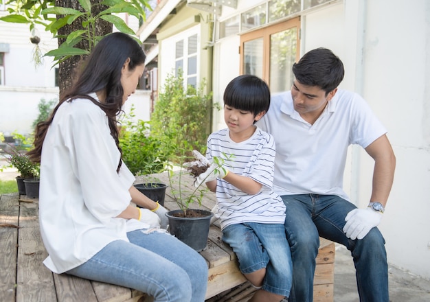 白人の父親、アジアの母と自宅の前庭の鍋に木を植えるにもたれて若い息子のチームワーク、幸せな若い家族が週末の暇な時間を過ごします。