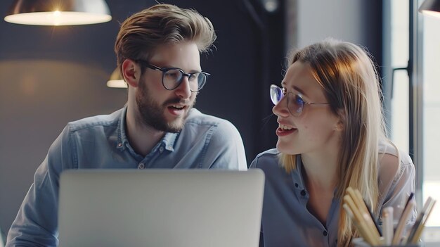 Photo teamwork closeup portrait of man and woman in smart casual clothes working in office generative ai