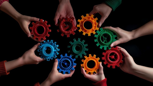 Teamwork and collaboration concept with multicolored gears held by hands against a dark background symbolizing unity and partnership AI