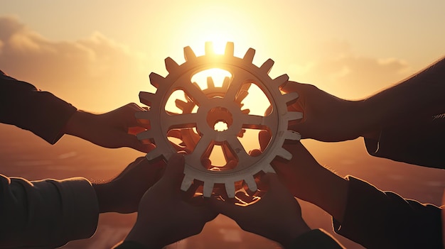 Teamwork concept represented by hands holding gear against a sunny backdrop