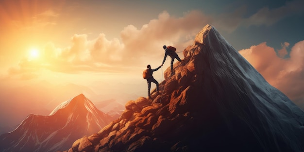 Teamwork concept with man helping friend reach the mountain top