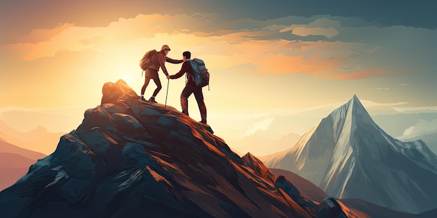 Teamwork concept with man helping friend reach the mountain top