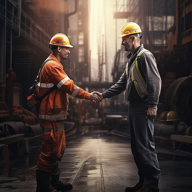 Teamwork in Construction Workers Shake Hands