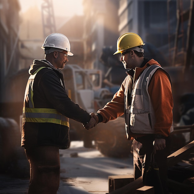 Teamwork in Construction Workers Shake Hands