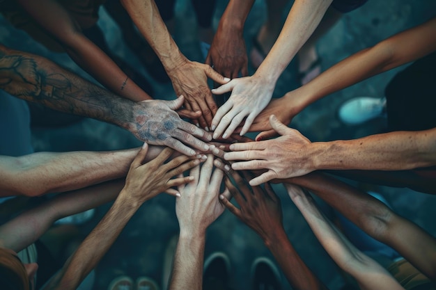 Teamwork hands around a table