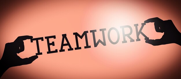 teamwork human hands holding black silhouette word