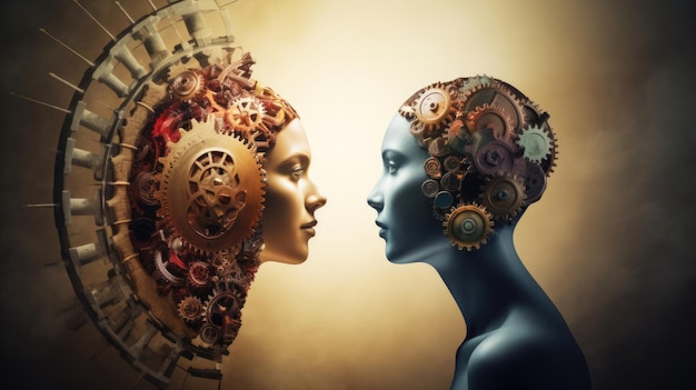 Teamwork and Leadership with education symbol represented by two human heads shaped with gears