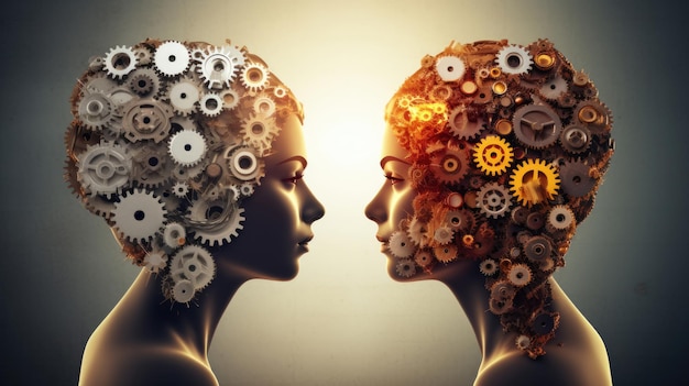 Photo teamwork and leadership with education symbol represented by two human heads shaped with gears