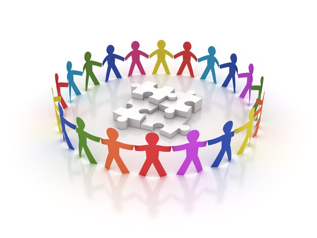 Photo teamwork people around jigsaw puzzle pieces
