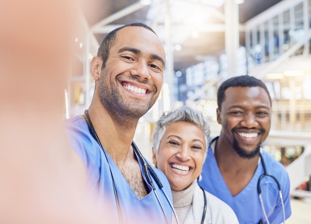 Teamwork selfie and medical staff with memory hospital and social media with collaboration Doctors healthcare professional and group with faces of medicine and career with happiness and goals