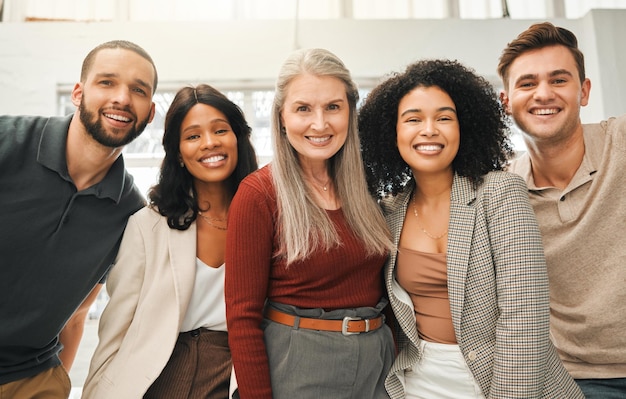 Photo teamwork smile and support with portrait of business people for community diversity and motivation solidarity team building and happy with friends in office for expert management and commitment