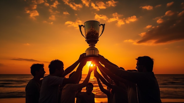 Sport di lavoro di squadra e mani di persone con trofeo per il risultato del vincitore e il successo del campione sostegno alla comunità e alla diversità con le donne e premio per l'impegno e la collaborazione nella formazione