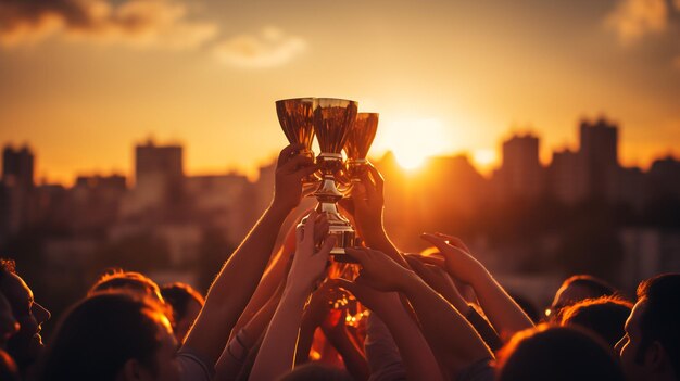 Foto sport di lavoro di squadra e mani di persone con trofeo per il raggiungimento del vincitore e il successo del campione sostenere la comunità e la diversità con le donne e premio per l'impegno formativo e la collaborazione