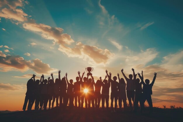 Teamwork and Success Holding the Trophy in Sunset