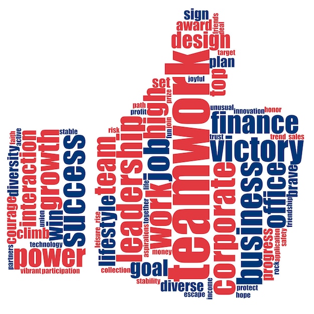 Teamwork thumb up shape word cloud