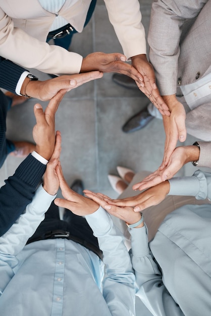 Foto il flusso di lavoro del lavoro di squadra e le mani aziendali firmano per la motivazione della collaborazione e il supporto del gruppo persone aziendali nella cerchia della comunità per l'impegno nel team building, la fiducia del partenariato e la cooperazione del personale