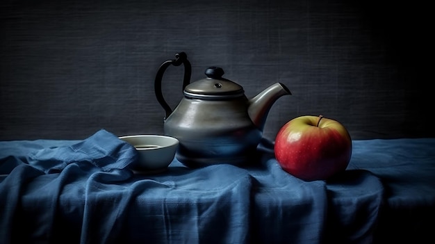 Teapot and apple on linen tablecloth Ai Generative